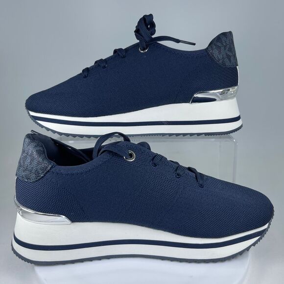 Michael Kors Monique Knit Trainer Lace Up Sneakers MK Logo Stretch Navy Size 7.5 - Picture 1 of 11